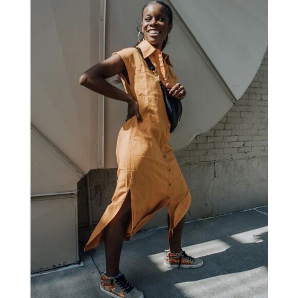 Grae Cove Blair Linen Button-Front Cap Sleeve Maxi Dress Orange Womens Sze Small - Picture 1 of 11